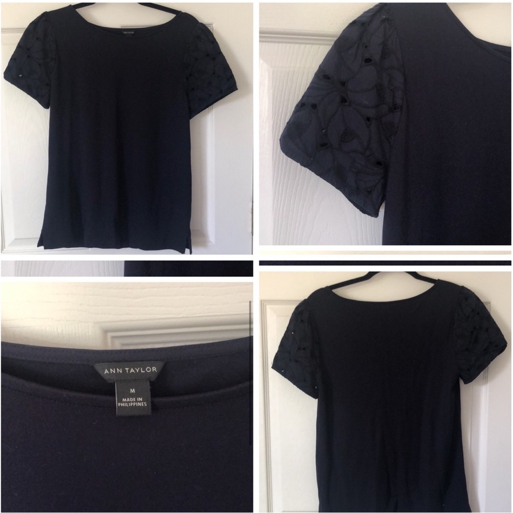 Navy Ann Taylor Eyelet Sleeve Detail Top